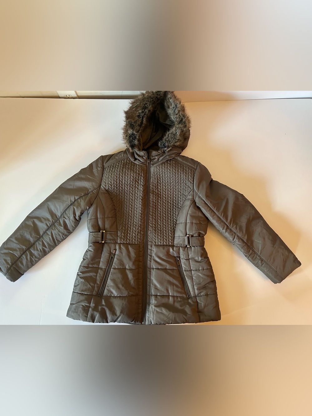 Details Intl Women’s Hooded Puffer Coat Gray Green Faux Fur Trim Size Medium